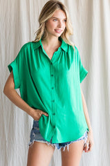 Green Satin Button Front Collared Short Sleeve Maternity Top