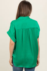 Green Satin Button Front Collared Short Sleeve Maternity Top