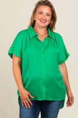 Green Button Up Maternity Plus Top