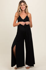 Black Sleeveless V-Neck Split Hem Maternity Jumpsuit