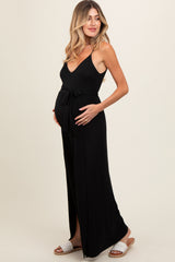 Black Sleeveless V-Neck Split Hem Maternity Jumpsuit