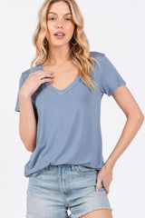 Blue V-Neck Short Sleeve Maternity Top