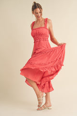 Coral Red Ruffled Midi Dress