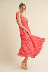 Coral Red Ruffled Midi Dress