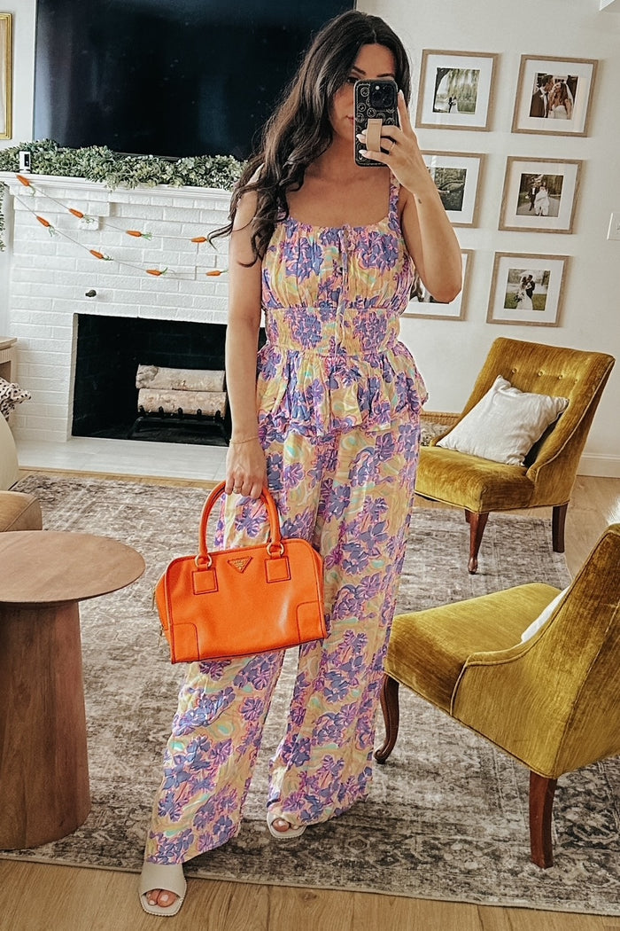 Lavender Floral Smocked Bodice Wide Leg Jumpsuit