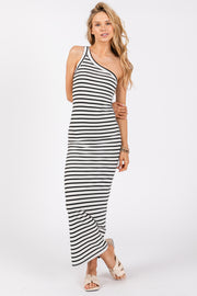 Black Striped Single Shoulder Knit Maxi Dress