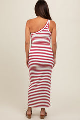 Red Striped Single Shoulder Knit Maternity Maxi Dress