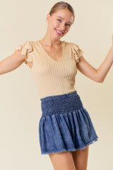 Beige Cable Knit Layered Ruffle Sleeve Top