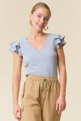 Heather Grey Cable Knit Layered Ruffle Sleeve Top