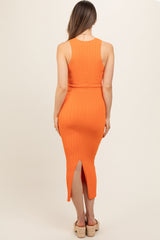 Orange Ribbed Sleeveless Back Slit Maternity Midi Dress