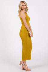 Yellow Ribbed Sleeveless Back Slit Midi Dress