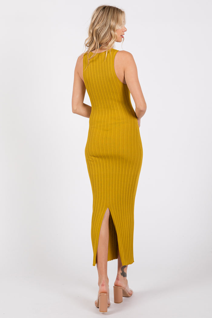Yellow Ribbed Sleeveless Back Slit Midi Dress