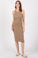 Mocha Acid Wash Ribbed Sleeveless Maternity Midi Dress