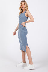 Light Blue Acid Wash Ribbed Sleeveless Midi Dress