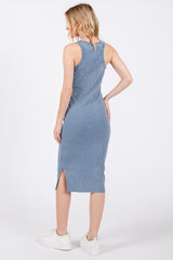 Light Blue Acid Wash Ribbed Sleeveless Midi Dress