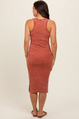 Rust Acid Wash Ribbed Sleeveless Maternity Midi Dress