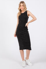 Black Acid Wash Ribbed Sleeveless Midi Dress