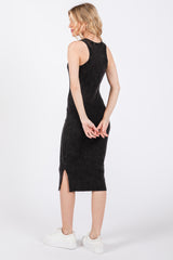 Black Acid Wash Ribbed Sleeveless Midi Dress