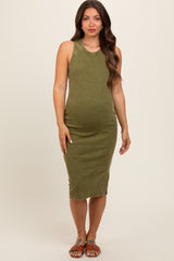 Olive Acid Wash Ribbed Sleeveless Maternity Midi Dress