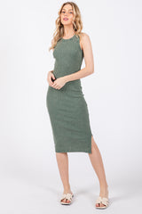 Olive Acid Wash Ribbed Sleeveless Midi Dress