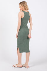 Olive Acid Wash Ribbed Sleeveless Midi Dress