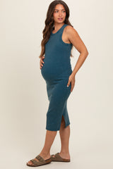 Dark Teal Acid Wash Ribbed Sleeveless Maternity Midi Dress