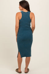 Dark Teal Acid Wash Ribbed Sleeveless Maternity Midi Dress