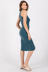 Dark Teal Acid Wash Ribbed Sleeveless Midi Dress