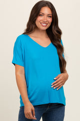 Blue Short Dolman Sleeve V-Neck Maternity Top