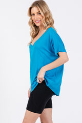 Blue Short Dolman Sleeve V-Neck Top