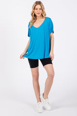 Blue Short Dolman Sleeve V-Neck Top