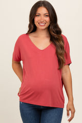 Rust Short Dolman Sleeve V-Neck Maternity Top