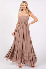 Taupe Smocked Halter Cutout Maternity Maxi Dress