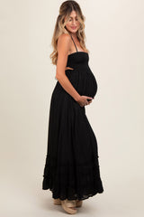 Black Smocked Halter Cutout Maternity Maxi Dress