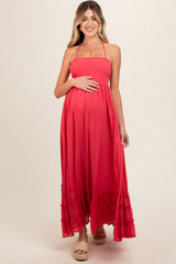 Coral Smocked Halter Cutout Maternity Maxi Dress