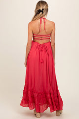 Coral Smocked Halter Cutout Maternity Maxi Dress