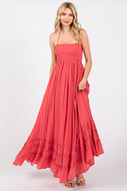 Coral Smocked Halter Cutout Maxi Dress