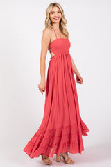 Coral Smocked Halter Cutout Maxi Dress