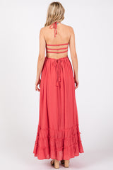 Coral Smocked Halter Cutout Maxi Dress