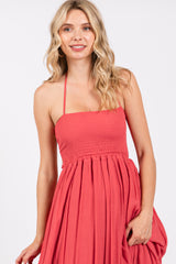 Coral Smocked Halter Cutout Maxi Dress