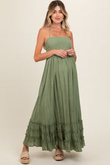 Olive Smocked Halter Cutout Maternity Maxi Dress