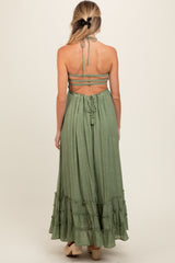 Olive Smocked Halter Cutout Maternity Maxi Dress