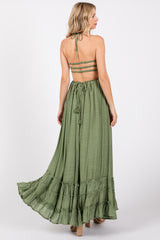 Olive Smocked Halter Cutout Maxi Dress