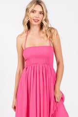 Pink Smocked Halter Cutout Maxi Dress