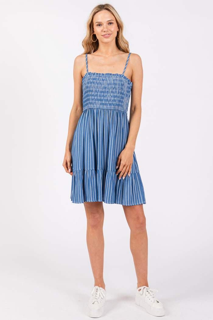 Blue Striped Ruffle Trim Dress