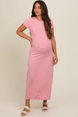 Pink Short Sleeve Maternity Midi T-Shirt Dress