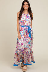 Violet Floral Halter Front Tie Maxi Dress