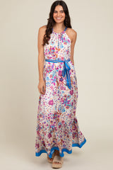 Violet Floral Halter Front Tie Maxi Dress