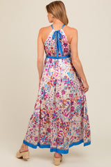 Violet Floral Halter Front Tie Maternity Maxi Dress