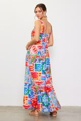 Blue Multi-Color Abstract Print Tiered Maxi Dress